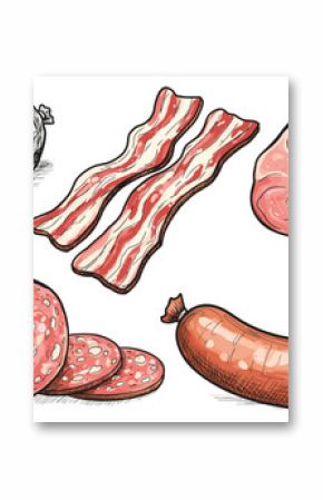 Assorted meats: bacon, ham, salami, and sausage in detailed drawing