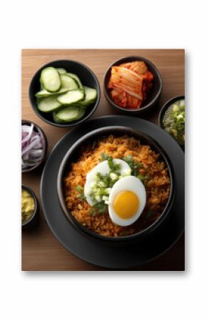 Spicy Korean fried rice with boiled egg, kimchi, cucumber, onion, soup, and seasoning on wooden table, vibrant and appetizing