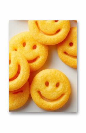 The cheerful collection of smiley face snacks on a white background.