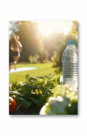 Fresh salad and water on a wooden table in a after park, a healthy lifestyle promoting outdoor training