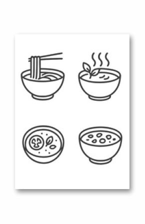Noodle and soup line icon set. asian cuisine, ramen, broth, chowder, graphic icons
