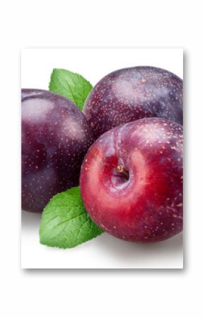 Ripe chinese plums with green leaf isolated on white background. File contains clipping paths.