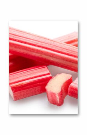 Cuts of red rhubarb stem on white background. File contains clipping path.