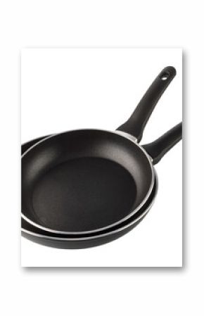 Two black frying pans with non-stick coating on transparent background