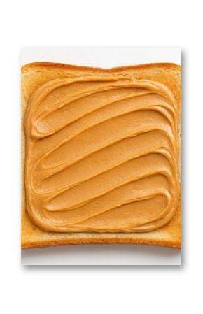 Apply creamy peanut butter evenly onto toasted bread slices on a white backdrop
