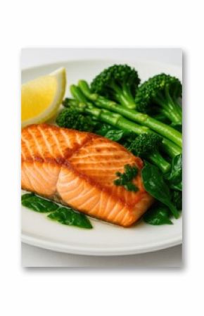 Grilled salmon accompanied by fresh green vegetables