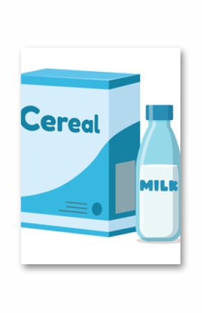 Illustration of Cereal Box and Milk Bottle with Blue Color on White Background