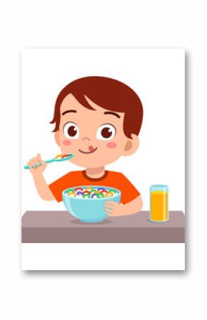 Young Boy Eating Cereal with Orange Juice on Table with Happy Expression Cartoon Illustration