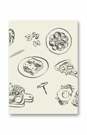 Whimsical chalk doodles of italian food. Quirky icons of breakfast and dinner meals in crayon style. Crayon drawing for menus and invitations. La dolce vita italian vector illustration