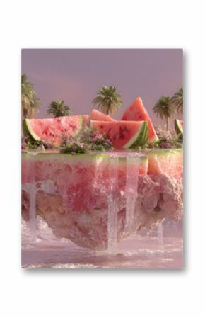 Surreal Watermelon Island Floating in Pink Sky with Juice Waterfalls and Palm Trees, Water Melon Day, Fantacy World, Pinck