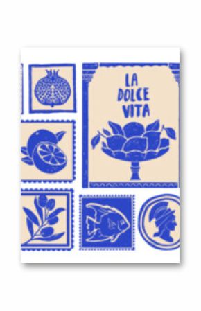 Italian summer poster set, vector hand drawn Mediterranean travel sticker Amalfi coast print stamp. Italy vintage postcard collection wine glass and bottle silhouette. Italian summer food illustration