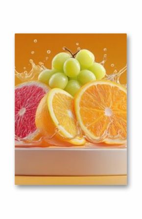 Sliced fruits with splash on a white platform with orange bg