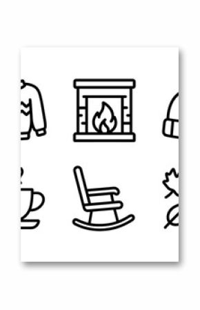 Cozy winter icons: sweater, fireplace, and warm beverages in simple line art