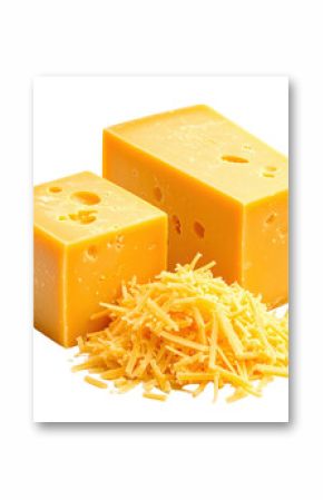 Two blocks of yellow cheddar cheese with a pile of shredded cheese isolated on transparent background. PNG die-cut for advertising