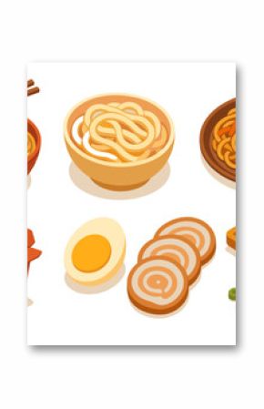 Illustration of various asian noodle dishes and ingredients
