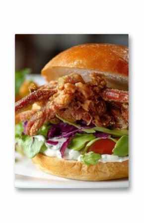 Soft shell crab sandwich is topped with fresh greens and served with crispy curly fries.