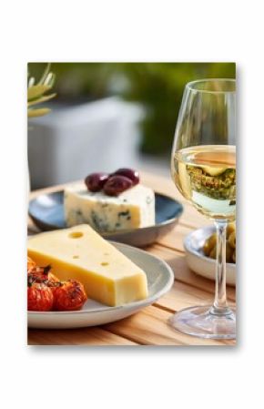Glass of white wine accompanying cheese, olives, and roasted tomatoes on a wooden table