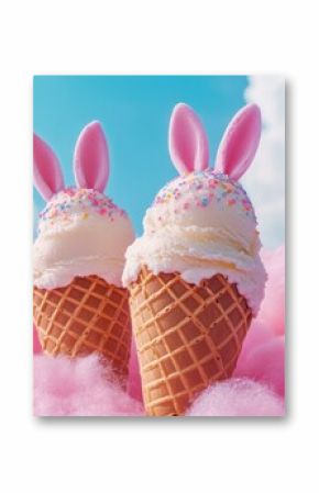 whimsical easter delight two ice cream cones adorned with playful bunny ears sit amidst fluffy pink cotton candy clouds against a vibrant blue sky creating a sweet and enchanting springtime scene