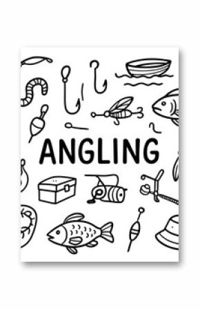 Black and white angling icons featuring fish, fishing rod, and tackle