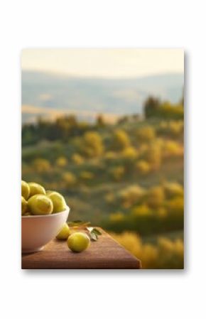 The beautiful glass bottle of olive oil beside fresh green olives.