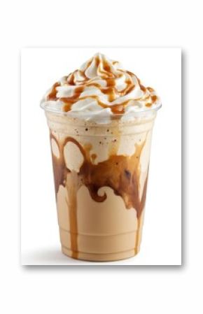 Refreshing caramel frappuccino in clear plastic cup topped with whipped cream, caramel drizzle. Cold coffee drink blends creamy ice cream, milk, sweet caramel sauce for delicious treat. Perfect for
