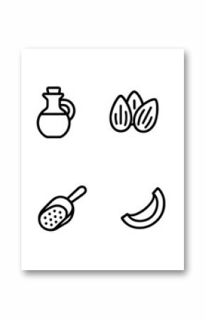 Set of linear healthy food icons featuring nuts, seeds, and oils