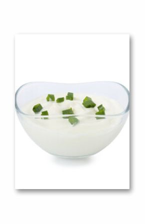 Tasty yoghurt with green onions in bowl isolated on white