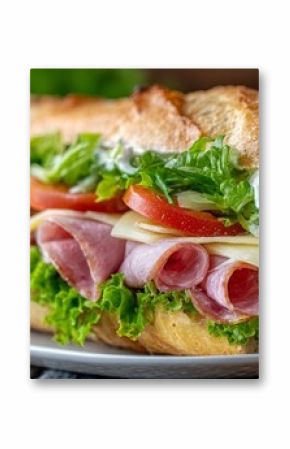 Delicious Hearty Submarine Sandwich Loaded with Deli Meats, Cheese, Fresh Lettuce, and Juicy Tomato