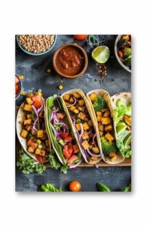 A flat lay image of a tantalizing plantbased taco buffet showcasing a variety of protein options such as marinated tofu grilled portobello mushrooms and seasoned jackfruit.