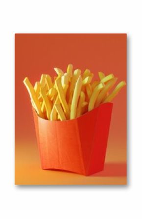 French fries overflowing from a bright red carton on an orange background creating a vibrant fast food scene