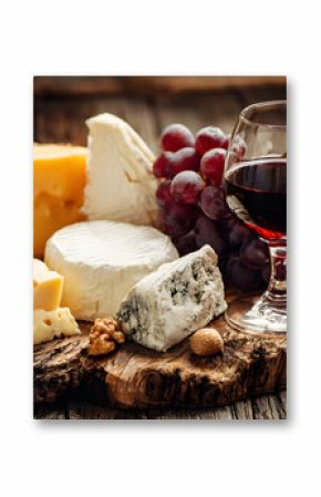Assorted cheeses with grapes and a glass of red wine on a rustic wooden board