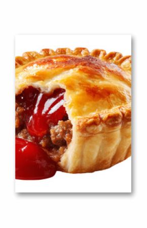 Australia meat pie filled with minced meat and topped with ketchup, isolated on white transparent background, concept of savory baked food