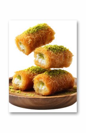 Traditional Middle Eastern Kunafa dessert cubes filled with cream and topped with ground pistachios on wooden plate isolated on white transparent background, concept of traditional sweets