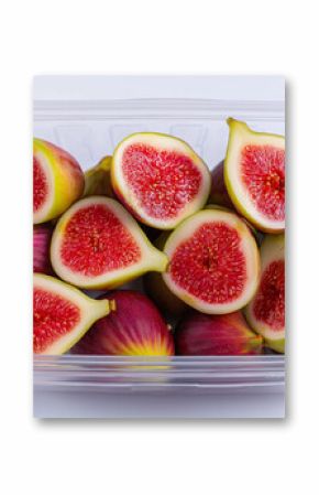 Halved and whole figs arranged in a clear plastic container on a light background. 
