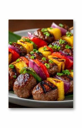 Grilled beef meatballs and pineapple skewers with red onion and bell pepper