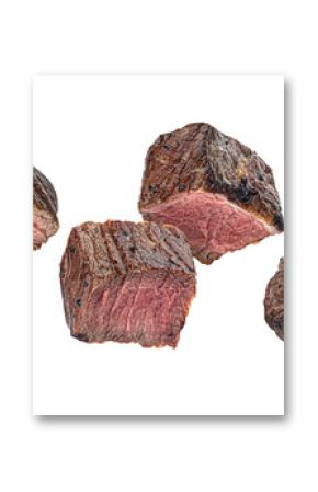 Medium rare steak pieces, sliced grilled beef cubes isolated on white background
