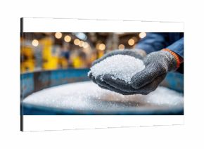 Close-up of factory worker hands in gloves holding a pile of white polypropylene granules (PP, PET chips semi dull 
