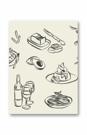 Italian food dishes and charcuterie in hand drawn whimsical style. Sketch chalk doodles of breakfast and dinner meals. Crayon drawing for menus and invitations. La dolce vita vector illustration