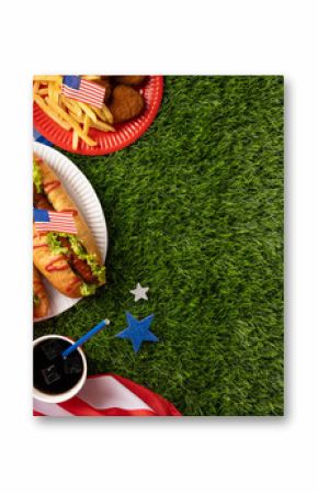 Festive picnic setting with hotdogs, burgers, fries, and desserts for an American celebration like Labor Day or Independence Day, emphasizing patriotism and gatherings