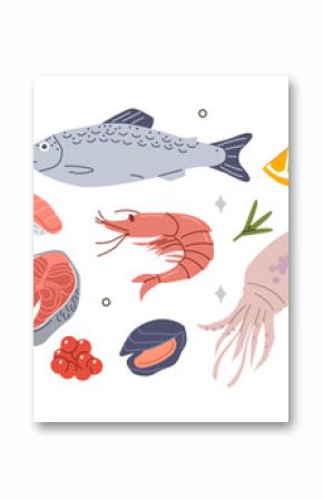 Fresh raw fish and seafood set. Shrimp, crab, squid, salmon and over fish products. Grocery market concept. Vector illustration.