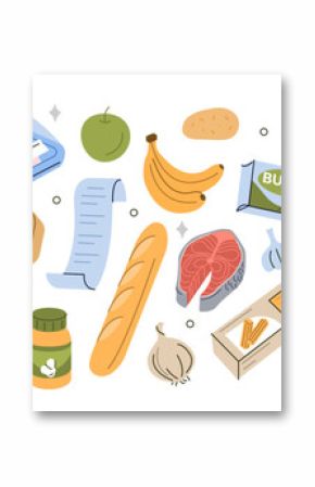 Grocery products in supermarket packages. Fruits and vegetables, eggs, meat, fish, baguette, pasta and other groceries, goods, processed and fresh food. Healthy eating concept. Vector illustration.