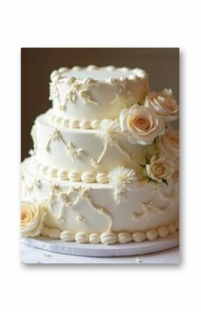Three-tiered wedding cake with white fondant base, intricate floral designs. White roses, daisies adorn cake, creating sophisticated look. Scattered rose petals surround cake, emphasizing