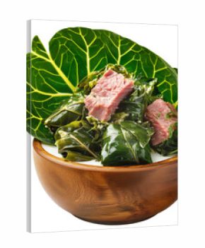 Lu Pulu corned beef cooked in coconut milk in taro leaves in wooden bowl, isolated on white transparent background, concept of traditional Polynesian food