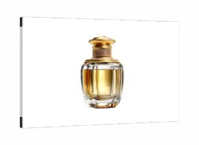 Elegant golden perfume bottle with ornate cap and textured collar, cut out transparent