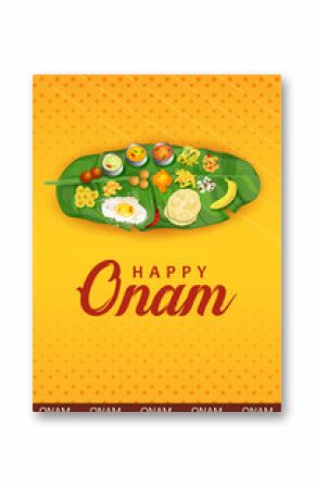 Sadya feast on banana leaf in celebration background for Happy Onam festival of South India Kerala