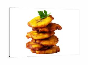 Colombia Patacones fried green plantains slices stacked in mid-air, isolated on white transparent background, tropical fast food concept