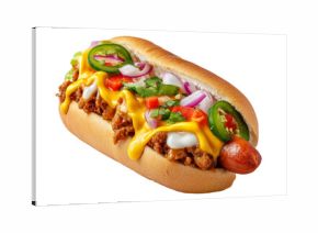 Colombia Perro Caliente Hot Dog Colombiano topped with mustard, red onions, jalapenos, chili, tomatoes, isolated on white transparent background, concept of fast food and street cuisine