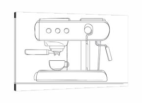 Black and white line drawing of an espresso machine with a cup ready for brewing coffee in a kitchen or cafe setting.