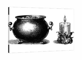 Vintage engraved collection of cauldron and bubbling candle for halloween and occult themes