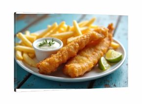 Classic British fish, chips presented on white plate with chunky fries, tartar sauce, lemon wedges. Golden-brown, crispy battered fish, perfectly fried potatoes offer delicious, traditional meal
